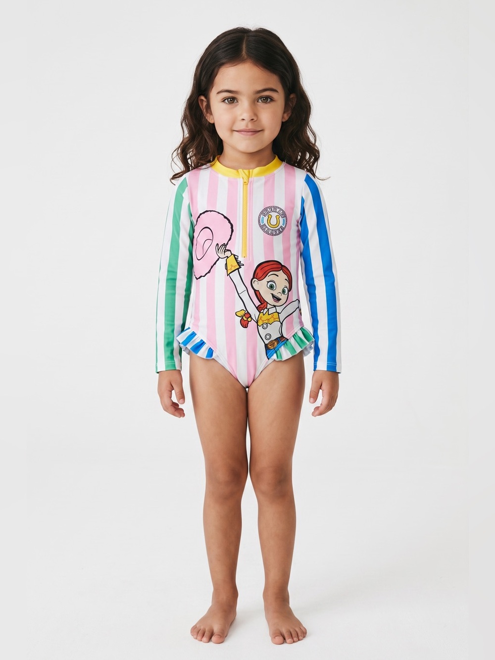 Disney Pink Stripe Long-Sleeve One-Piece Swimsuit with Character